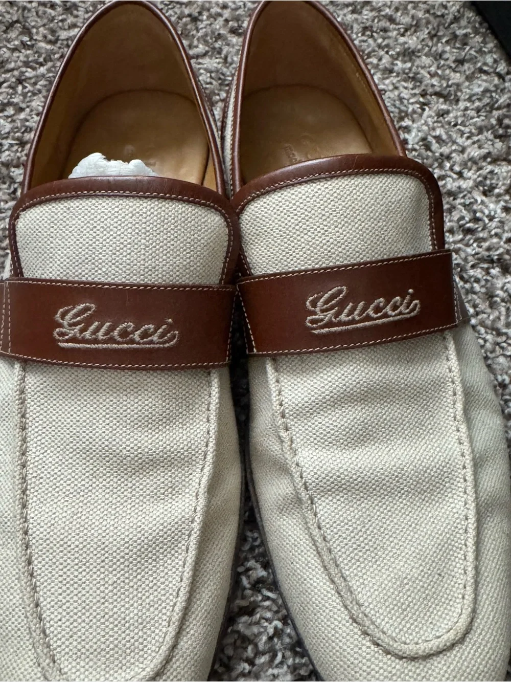 Gucci Men’s Cream Canvas and Brown Leather Loafers39